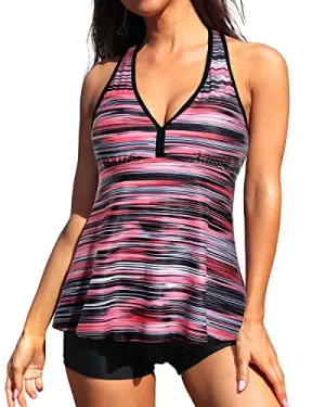 Flowy Tank Top Racerback And Shirred Swim Boyshorts-Pink Stripe