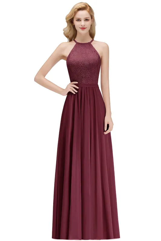 Halter Pleated Chiffon Aline Bridesmaid Dress Floral Lace Floor Length Evening Dress
