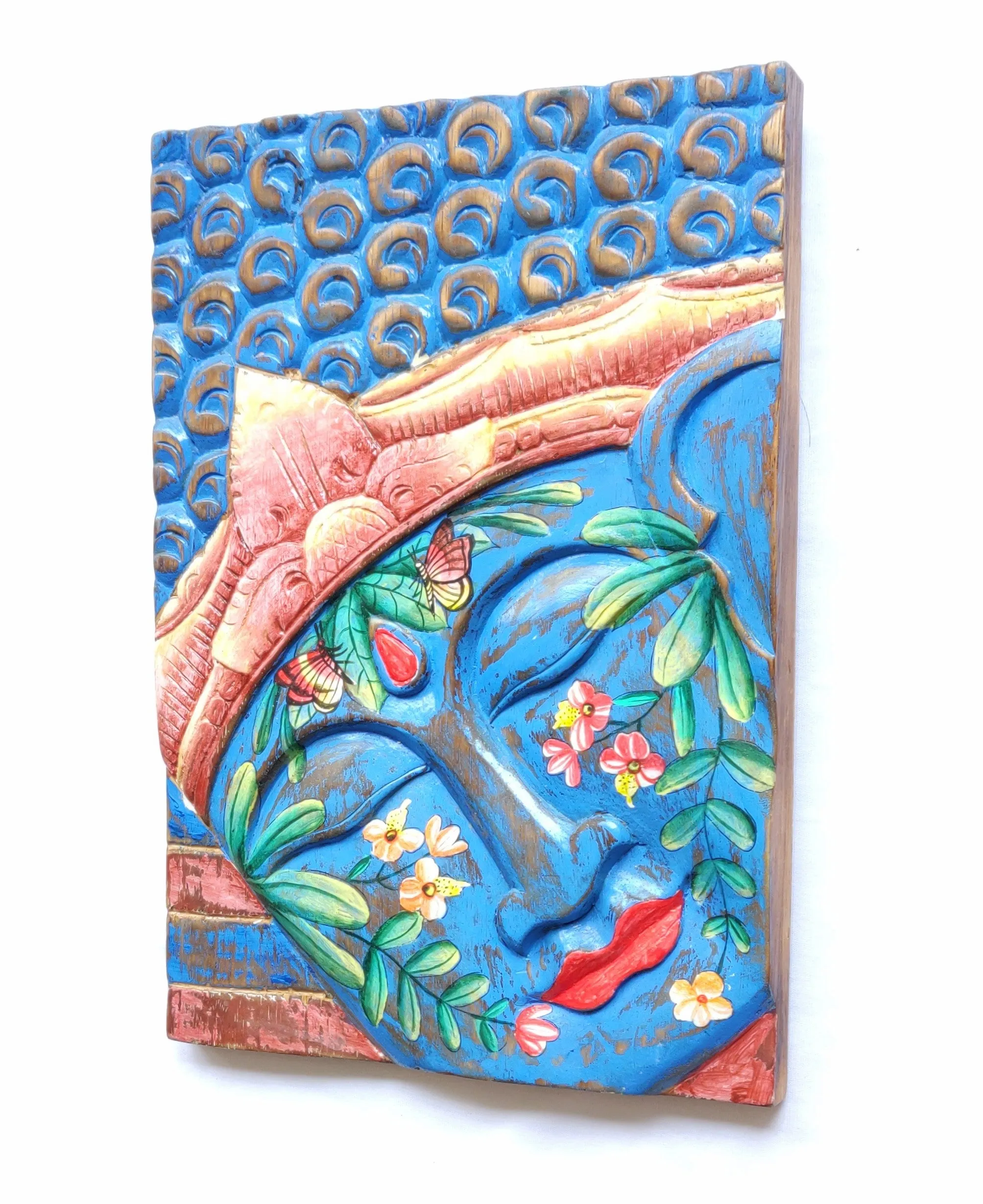 Home Decor: Wall Accent. Hand carved Buddha Panel and Painted, Nature Motif with Flowers and Butterflies.