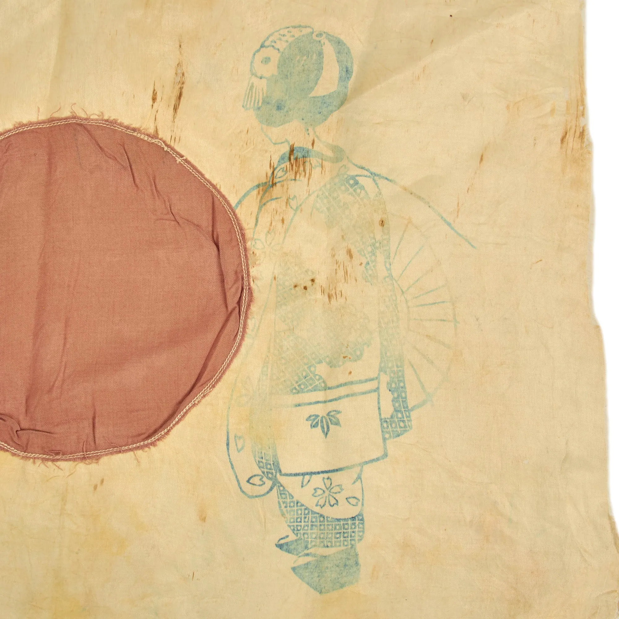 Original Japanese WWII Imperial Japanese Army Shussei Nobori Cotton Banner and Small Japanese Flag From an Imon-Bukuro (Comfort Bag) Featuring an Image of a Geisha - 2 Items